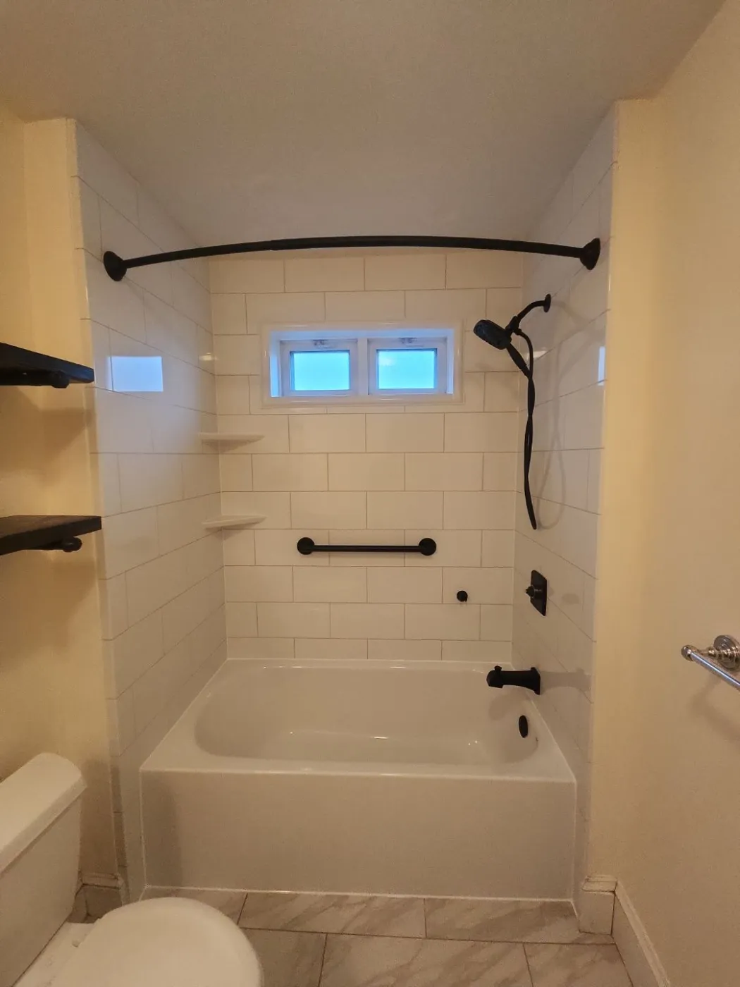 Bathtub replacement window trim matte black hand held shower head curved shower rod Weymouth MA